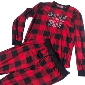 2 Piece Set North Pole PJ Lounge Pajamas Sleepwear Red Black Plaid Womens Large